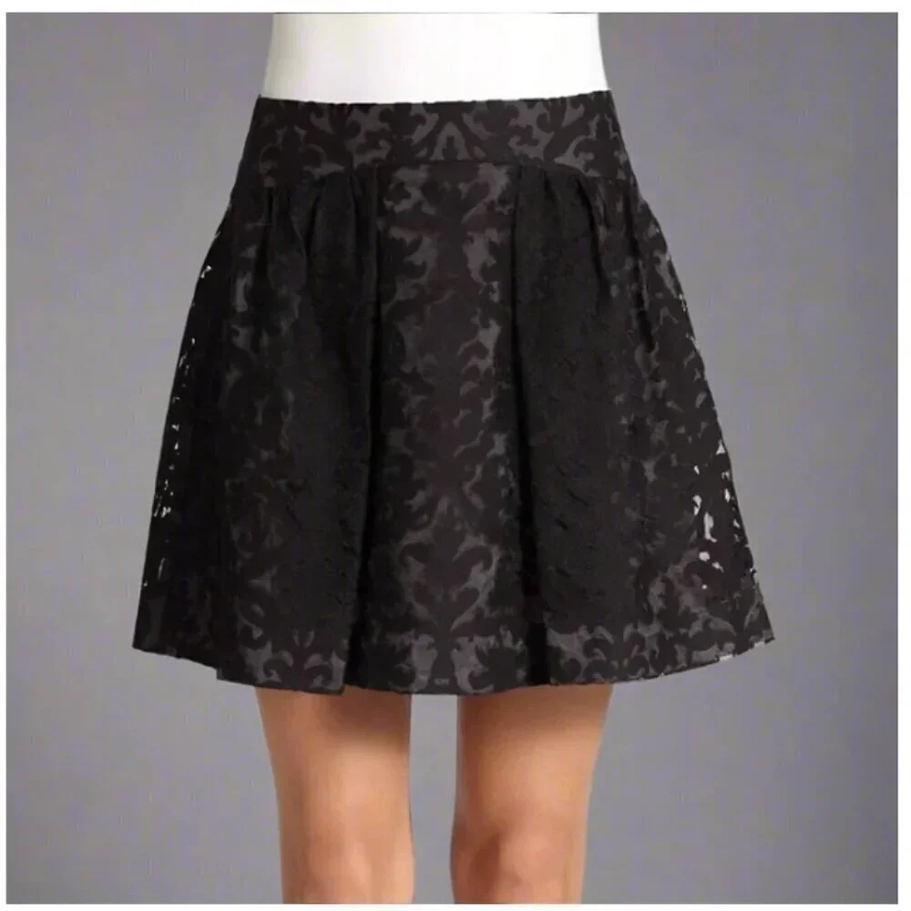 Tory Burch Etta Mini Puff Skirt 14 Black Lace Damask Embroidered A-Line Floral